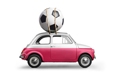 Poland flag on car delivering soccer or football ball isolated on white background