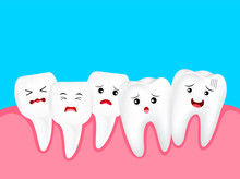 Crowding Tooth, Cute Cartoon Character. Dental Problem Concept, Illustration. Isolated On Blue Background.