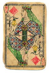 Old used playing card queen of diamonds isolated