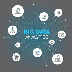 Leinwandbilder - abstract symbol for big data analytics with stroke icons, spots and grey-teal background. easy to us