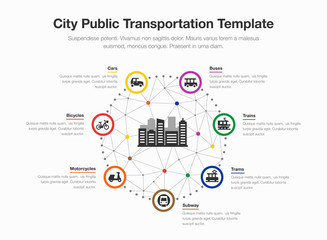 Fototapete - Infographic for city public transportation with colorful circles, icons and a city symbol in the middle isolated on light background. Easy to use for your website or presentation.