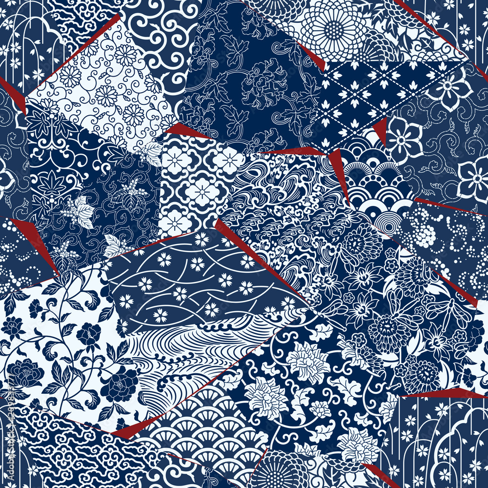 Japanese style fabric patchwork wallpaper, abstract floral vector ...