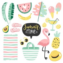 Summer Elements Set With Hand Written Text. Vector Illustration.