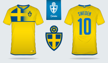 Soccer jersey or football kit template design for Sweden national football team. Front and back view soccer uniform. Football t shirt mock up with flat logo design. Vector Illustration