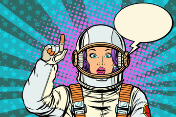 astronaut woman attention gesture. caution warning