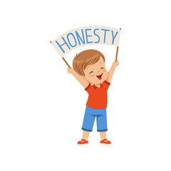 Sticker - Cute boy holding message board with text Honesty over his head vector Illustration on a white backgroun