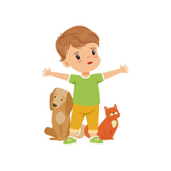 Sticker - Brave little boy protecting and caring for animals vector Illustration on a white background