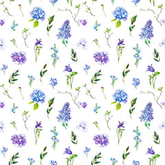 Wall Mural - Multi-floral seamless pattern with different flowers. lllustration of a hydrangea, lilac, twigs and other flowers on a white background.