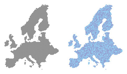 Pixelated European Union map variants. Vector geographic schemes in black color and cold blue color shades. Abstract collage of European Union map created from spheric dot array.