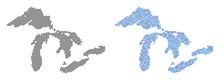 Pixelated Great Lakes Map Variants. Vector Territory Plans In Black Color And Blue Color Tints. Abstract Collage Of Great Lakes Map Done From Small Circle Dot Pattern.
