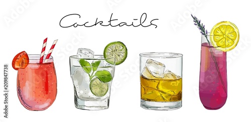 Fotografía Hand drawn illustration of set of cocktails.