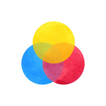 3 Primary Colors, Blue Red Yellow Watercolor Painting Circle Round On White Paper Texture Background