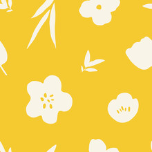 Yellow Floral Seamless Pattern. Vector Naive Background With Flowers And Leaves