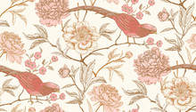 Seamless Pattern With Exotic Bird Pheasants And Peony Flowers.