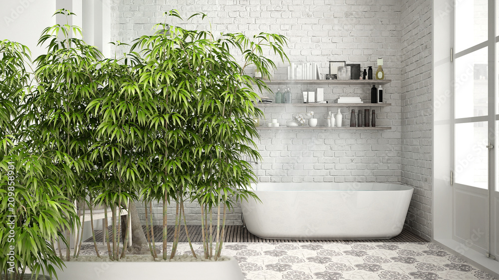 Zen interior with potted bamboo plant, natural interior design concept,  scandinavian bathroom, classic white vintage interior design Stock  Illustration | Adobe Stock