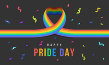 Happy Pride Day Banner With Rianbow Heart Ribbon Sign And  Ribbon Fireworks Vector Design