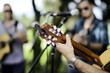 closeup detail hand playing folk guitar outdoor summer festival