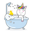 unicorn bathing in a bathtub with his rubber duck