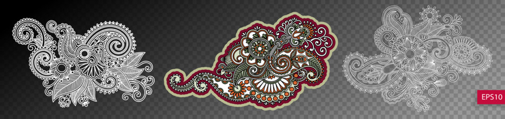 Sticker - set of three paisley flower design isolated on a transparent bac