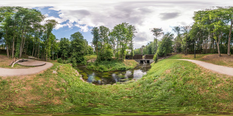 Wall Mural - full seamless spherical panorama 360 by 180 angle view on the shore of small river in sunny summer day in equirectangular projection, skybox VR virtual reality content