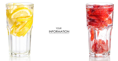 Set glasses with lemonade soft drinks lemon strawberry on a white background isolation