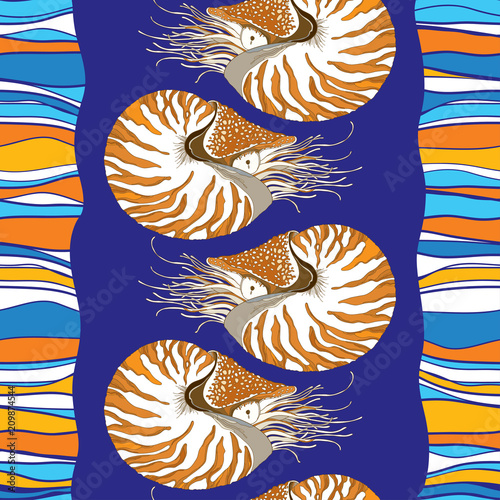 Fotografie, Obraz Vector seamless pattern with Nautilus Pompilius or chambered nautilus in ornate shell on the blue striped background