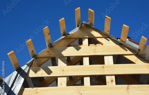 Close Up On Home Wooden Roofing Construction Installing Wooden