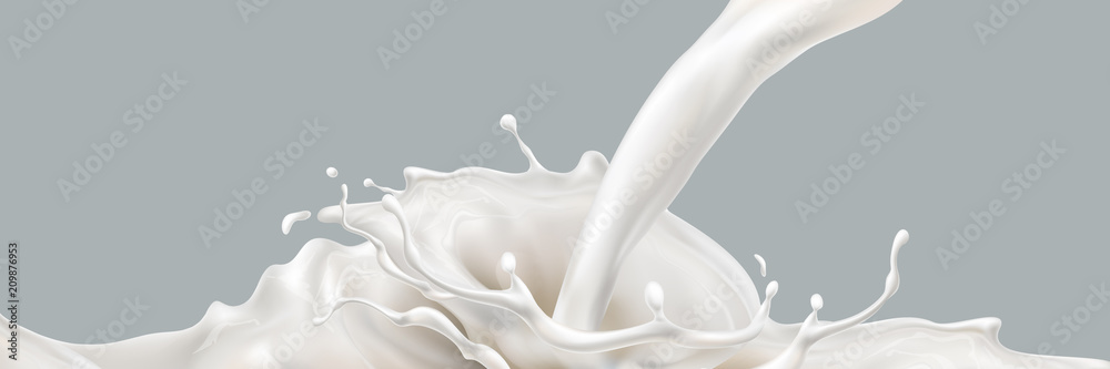 Milk splashing effect. Liquid beverage pouring down. Design element for advertising. Vector 3d realistic illustration. - obrazy, fototapety, plakaty 