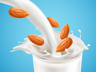 Milk plashing effect with liquid pouring down in glass cup with flying almond kernels isolated on blue background. Design element for advertising beverages. Vector 3d realistic illustration.