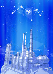 Wall Mural - modern chemical manufacturing plant on a blue technological background with a stylized digital wave - the concept of modern technology, the new industrial revolution & information technology / vector