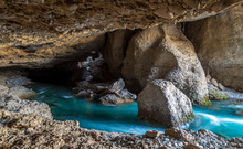 Panorama Of The Underground Lake In A Cave Of Bright Blue Color
