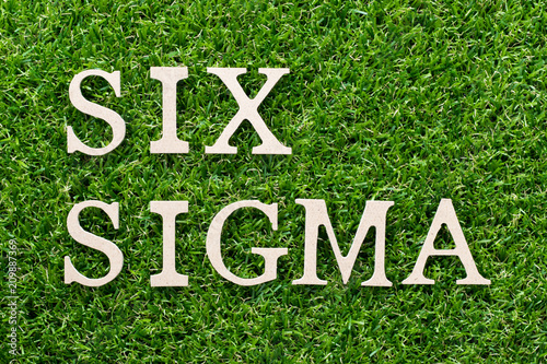 Fotografie, Obraz Wood alphabet in word six sigma on artificial green grass background