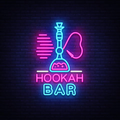 Wall Mural - Hookah Bar neon sign vector. Night Hookah Design Template, Light Banner, Night Bright Advertising, Bright Signboard, Design Element Hookah Emblem, Nightlife. Vector illustration