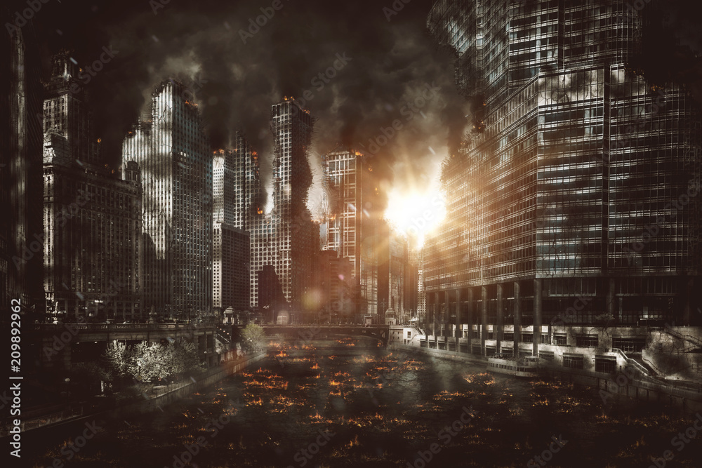 Fiery explosion between city skyscrapers Stock Illustration | Adobe Stock
