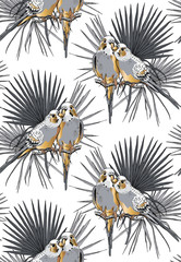 Seamless gold and silver pattern. Two Beautiful little Wavy Parrots kiss on a Tropical leaves. Vector illustration.