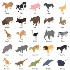 Wall Mural - animals with signed name icons set. isometric illustration of 25 animals with signed name vector ico