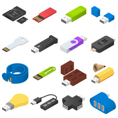Poster - USB flash drive icons set. Isometric illustration of 16 USB flash drive vector icons for web