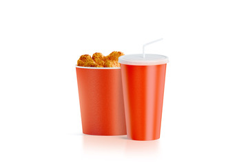 Fototapete - Blank red food bucket with cup with straw mockup, 3d rendering. Empty pail fastfood and paper soda drinking mug with lid and tube mockup. Paper hen bucketful and soft drink cola take away package