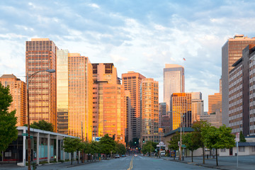 Seattle, Washington State, United States - July 08, 2012: 7th Avenue and buildings of downtown at sunset.