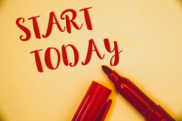 Handwriting text Start Today. Concept meaning Initiate Begin right now Inspirational Motivational phraseIdeas messages words red letters created on vintage background open pen.