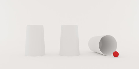 Poster - Closeup of shell game,white three glass with red small ball on white background,3d rendering