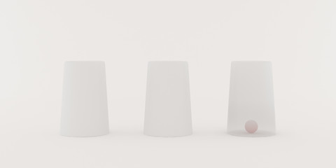 Poster - Closeup of shell game,white three glass with red small ball on white background,3d rendering