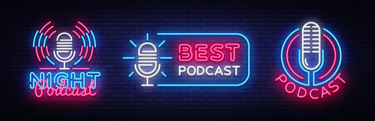 Wall Mural - Podcast Neon sign collection vector design template. Podcast neon logo, light banner design element colorful modern design trend, night bright advertising, bright sign. Vector illustration
