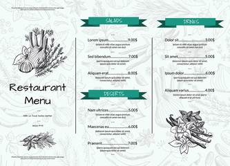 Wall Mural - vector horizontal restaurant or cafe menu template with hand drawn herbs and spices illustration