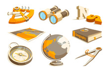 Vector Monochrome Symbols Of Exploration And Geography