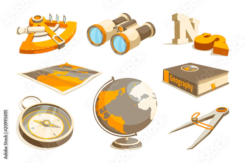 Fotomural Vector monochrome symbols of exploration and geography