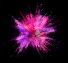 Explosion Of Coloured Powder Isolated On Black Background. Freeze Motion Of Abstract Colors Shape In Sphere Shape