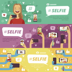 Sticker - Horizontal banners with people which making selfie photos on his smartphones and photo cameras