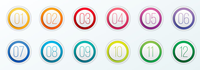 creative vector illustration of number bullet points set 1 to 12 isolated on transparent background.