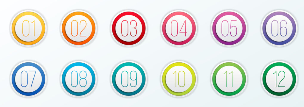 creative vector illustration of number bullet points set 1 to 12 isolated on transparent background.